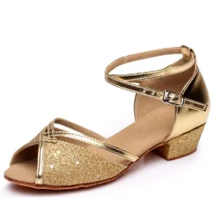 Silver Glitter Dance Shoes for Girls with Adjustable Strap – Latin, Ballroom, and Social Dance Footwear