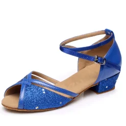 Silver Glitter Dance Shoes for Girls with Adjustable Strap – Latin, Ballroom, and Social Dance Footwear