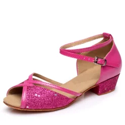 Silver Glitter Dance Shoes for Girls with Adjustable Strap – Latin, Ballroom, and Social Dance Footwear