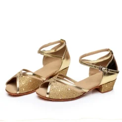 Silver Glitter Dance Shoes for Girls with Adjustable Strap – Latin, Ballroom, and Social Dance Footwear