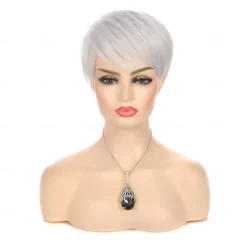 Silver Grey Wigs Short Hair Pixie Cut Straight Wig with Bangs Synthetic Cosplay Full Wigs for Women Heat Resistant Carnival Costume Party