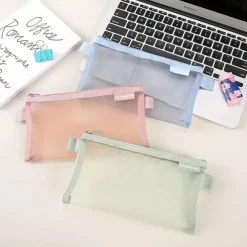 Simple Transparent Mesh Pencil Case Storage Student Pencil Bag Large Capacity Pouches Stationery Cosmetic Bags