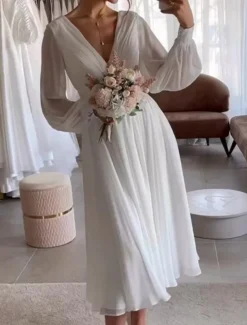 Simple Wedding Dresses Little White Dress Bridal Shower Dresses Wedding Dresses A-Line V Neck Long Sleeve Tea Length Chiffon Bridal Gowns With Pleats Solid Color