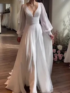 Simple Wedding Dresses Little White Dress Bridal Shower Dresses Wedding Dresses A-Line V Neck Long Sleeve Court Train Chiffon Bridal Gowns With Pleats Ruched