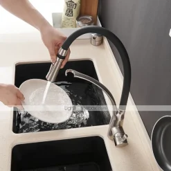 Single Handle Kitchen Faucet, Brush Nickel One Hole Pull Out Centerset, Brass Kitchen Faucet with Supply Lines