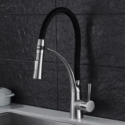 Single Handle Kitchen Faucet, Brush Nickel One Hole Pull Out Centerset, Brass Kitchen Faucet with Supply Lines