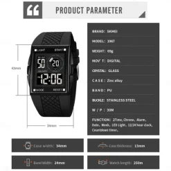 SKMEI 1967 Digital Watch for Men Sport Waterproof Countdown LED Light Electronic Mens Wristwatches Chrono Countdown Reloj Hombre