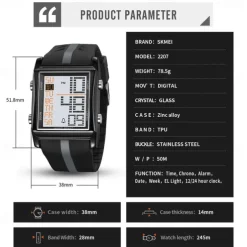 SKMEI 2207 Electronic Men's Student Alarm Clock Night Light Waterproof Electronic Outdoor Sports Watch
