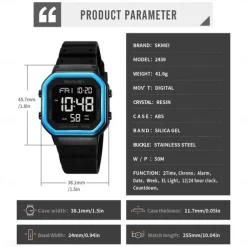 SKMEI Ins Wind Square Multi functional Waterproof Electronic Watch for Male and Female Students