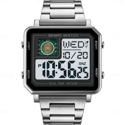 SKMEI Men Digital Watch 3ATM Waterproof Luxury Business Men Watch Back Light Stopwatch Stainless Steel Outdoor Sport Square Watch For Men