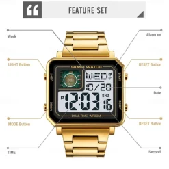 SKMEI Men Digital Watch 3ATM Waterproof Luxury Business Men Watch Back Light Stopwatch Stainless Steel Outdoor Sport Square Watch For Men