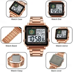 SKMEI Men Digital Watch 3ATM Waterproof Luxury Business Men Watch Back Light Stopwatch Stainless Steel Outdoor Sport Square Watch For Men