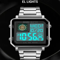 SKMEI Men Digital Watch 3ATM Waterproof Luxury Business Men Watch Back Light Stopwatch Stainless Steel Outdoor Sport Square Watch For Men