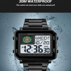 SKMEI Men Digital Watch 3ATM Waterproof Luxury Business Men Watch Back Light Stopwatch Stainless Steel Outdoor Sport Square Watch For Men