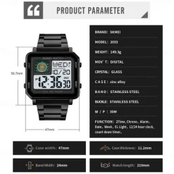 SKMEI Men Digital Watch 3ATM Waterproof Luxury Business Men Watch Back Light Stopwatch Stainless Steel Outdoor Sport Square Watch For Men
