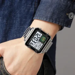 SKMEI Men Digital Watch 3ATM Waterproof Luxury Business Men Watch Back Light Stopwatch Stainless Steel Outdoor Sport Square Watch For Men