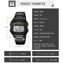 SKMEI Men Digital Watch Fashion Casual Business Wristwatch Luminous Stopwatch Alarm Clock Countdown Steel TPU Watch