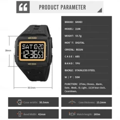 SKMEI Men Digital Watch Outdoor Sports Fashion Wristwatch Luminous Stopwatch Alarm Clock Countdown TPU Watch