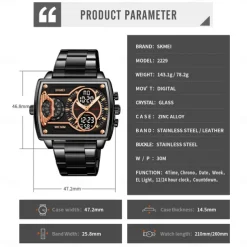 SKMEI Men Digital Watch Outdoor Sports Fashion Wristwatch Luminous Stopwatch Alarm Clock Countdown Steel Leather Watch