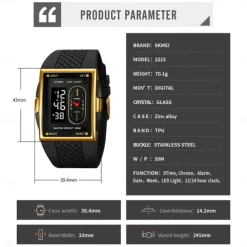 SKMEI Men Digital Watch Sports Fashion Casual Wristwatch Luminous Stopwatch Alarm Clock Date Week TPU Watch