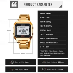 SKMEI Men's Electronic Square Steel Band Student Multi functional Sports Waterproof Night Glow Electronic Watch 2149