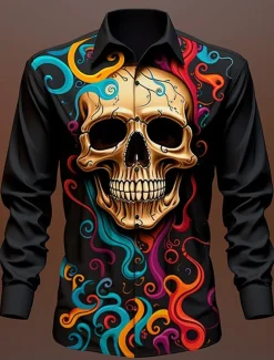 Skull Vintage Gothic Men's Shirt Outdoor Halloween Street Fall & Winter Turndown Long Sleeve Black Yellow Blue S M L Shirt