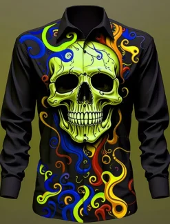 Skull Vintage Gothic Men's Shirt Outdoor Halloween Street Fall & Winter Turndown Long Sleeve Black Yellow Blue S M L Shirt