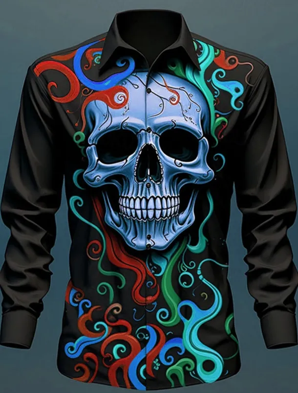 Skull Vintage Gothic Men's Shirt Outdoor Halloween Street Fall & Winter Turndown Long Sleeve Black Yellow Blue S M L Shirt