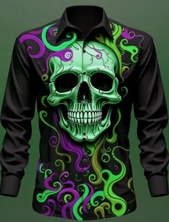 Skull Vintage Gothic Men's Shirt Outdoor Halloween Street Fall & Winter Turndown Long Sleeve Black Yellow Blue S M L Shirt