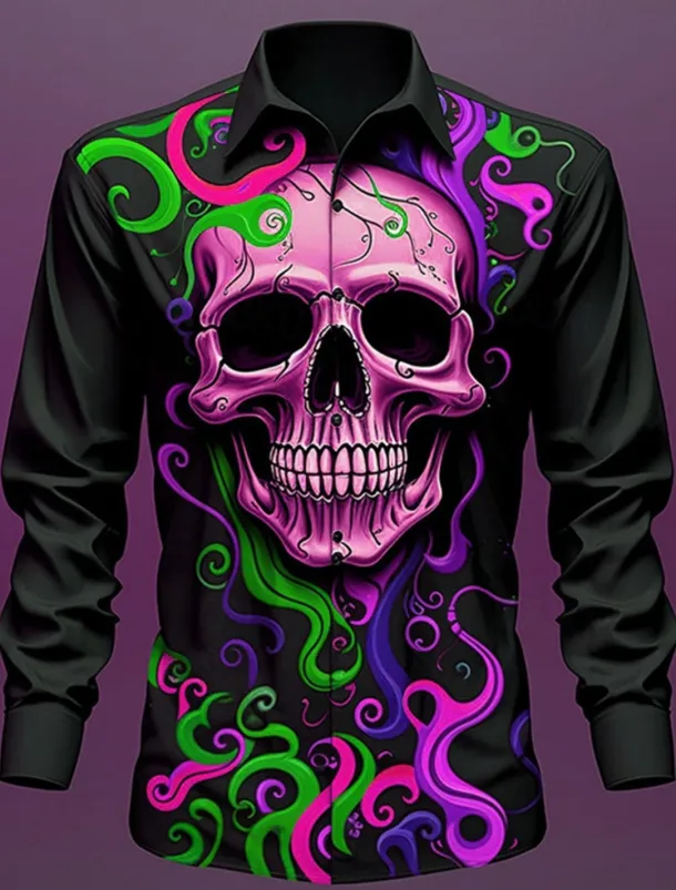 Skull Vintage Gothic Men's Shirt Outdoor Halloween Street Fall & Winter Turndown Long Sleeve Black Yellow Blue S M L Shirt