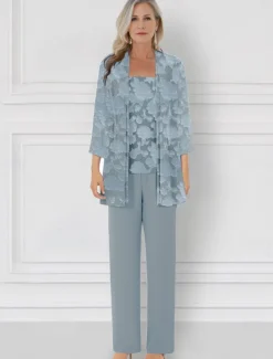 SkyBurnt Out Floral Lace Jumpsuit / Pantsuit 3 Piece Mother of the Bride Pantsuit Elegant Simple Minimalist Crew Neck Floor Length Chiffon 3/4 Length Sleeve with Jacket