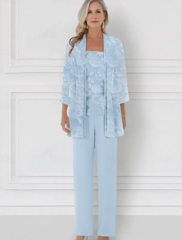 SkyBurnt Out Floral Lace Jumpsuit / Pantsuit 3 Piece Mother of the Bride Pantsuit Elegant Simple Minimalist Crew Neck Floor Length Chiffon 3/4 Length Sleeve with Jacket
