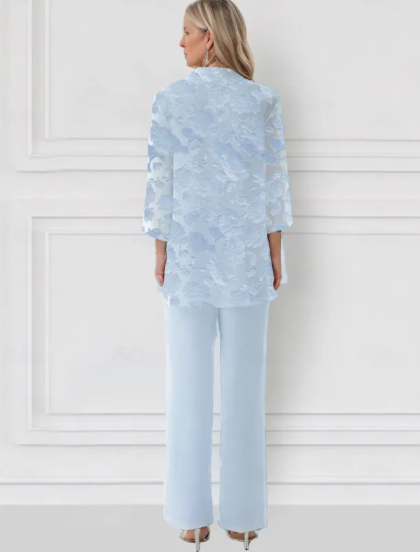 SkyBurnt Out Floral Lace Jumpsuit / Pantsuit 3 Piece Mother of the Bride Pantsuit Elegant Simple Minimalist Crew Neck Floor Length Chiffon 3/4 Length Sleeve with Jacket