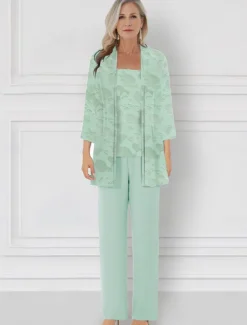 SkyBurnt Out Floral Lace Jumpsuit / Pantsuit 3 Piece Mother of the Bride Pantsuit Elegant Simple Minimalist Crew Neck Floor Length Chiffon 3/4 Length Sleeve with Jacket