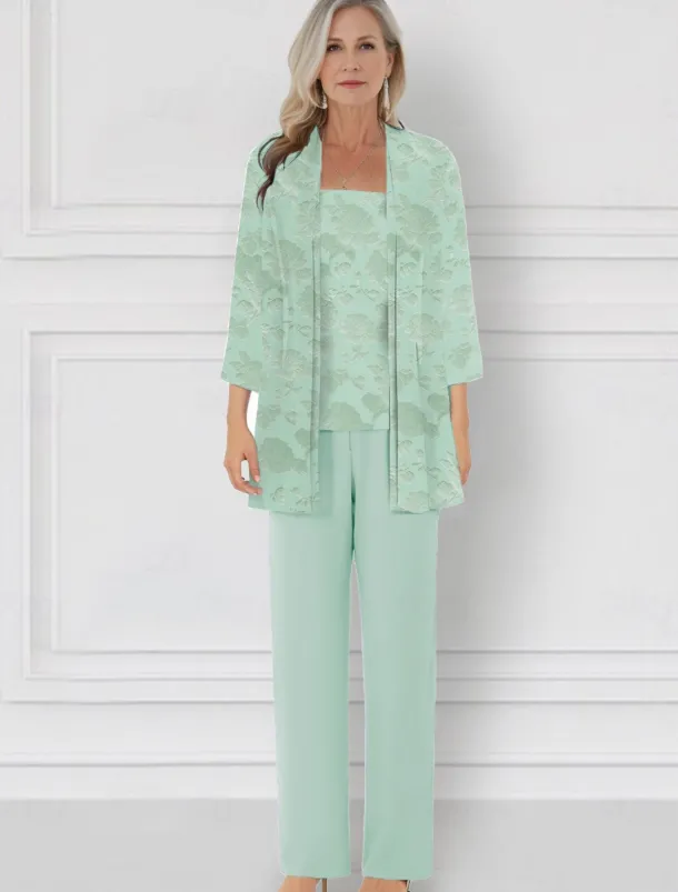 SkyBurnt Out Floral Lace Jumpsuit / Pantsuit 3 Piece Mother of the Bride Pantsuit Elegant Simple Minimalist Crew Neck Floor Length Chiffon 3/4 Length Sleeve with Jacket