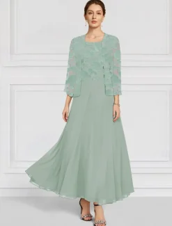 SkyBurnt Out Floral Lace Two Piece A-Line Mother of the Bride Dress Elegant Simple Minimalist Boat Neck Floor Length Chiffon 3/4 Length Sleeve with Jacket