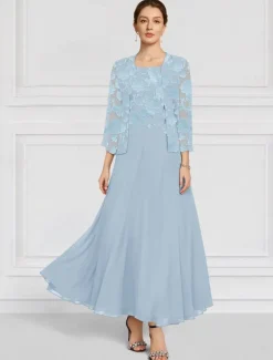 SkyBurnt Out Floral Lace Two Piece A-Line Mother of the Bride Dress Elegant Simple Minimalist Boat Neck Floor Length Chiffon 3/4 Length Sleeve with Jacket