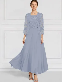 SkyBurnt Out Floral Lace Two Piece A-Line Mother of the Bride Dress Elegant Simple Minimalist Boat Neck Floor Length Chiffon 3/4 Length Sleeve with Jacket