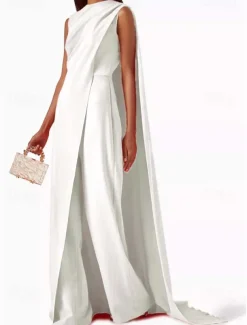 SkyDressy Jumpsuits Evening Gown Elegant Dress Wedding Wedding Guest Sweep / Brush Train Sleeveless Crew Neck Stretch Crepe with Drapes