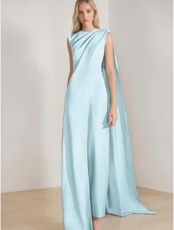 SkyDressy Jumpsuits Evening Gown Elegant Dress Wedding Wedding Guest Sweep / Brush Train Sleeveless Crew Neck Stretch Crepe with Drapes