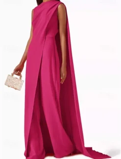 SkyDressy Jumpsuits Evening Gown Elegant Dress Wedding Wedding Guest Sweep / Brush Train Sleeveless Crew Neck Stretch Crepe with Drapes