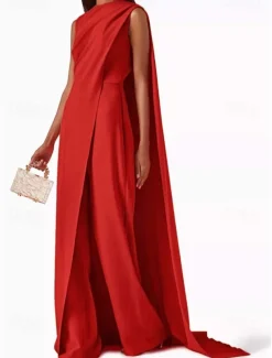 SkyDressy Jumpsuits Evening Gown Elegant Dress Wedding Wedding Guest Sweep / Brush Train Sleeveless Crew Neck Stretch Crepe with Drapes