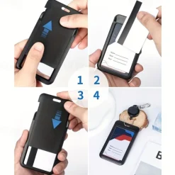 Sliding Badge Holder Hard Black Vertical Plastic Card Case Protector With Retractable Badge Reel Carabiner For Office School ID Credit Proximity Key Card Drivers License And Pass, Back to School Gift