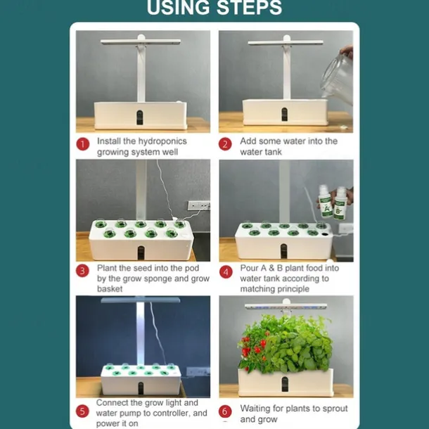 Smart Hydroponics Growing System Indoor Herb Garden Kit 9 Pods Automatic Timing with Height Adjustable 15W LED Grow Lights 2L Water Tank Smart Water Pump for Home