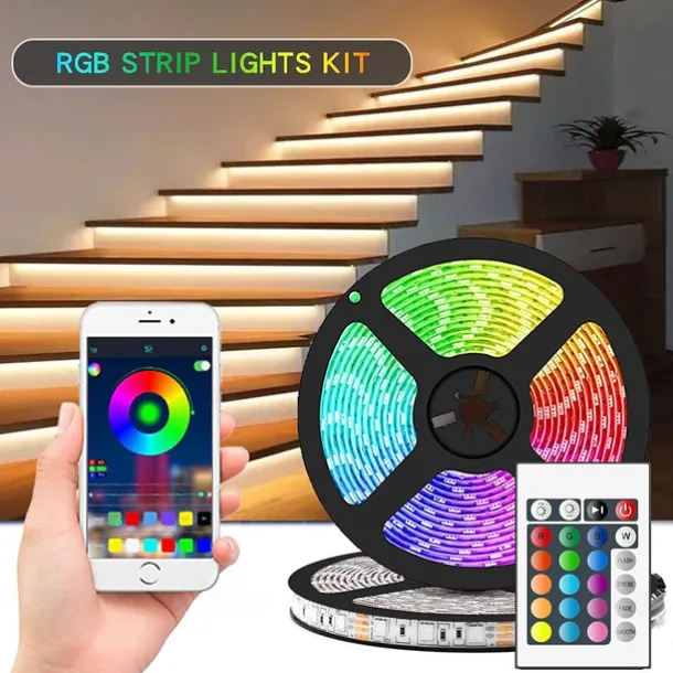 Smart RGB LED Strip Light App Control 15m 49ft 2835 SMD 810 LEDs IR 24 Key Controller Work with Alexa Google 12V 3A Adapter Kit