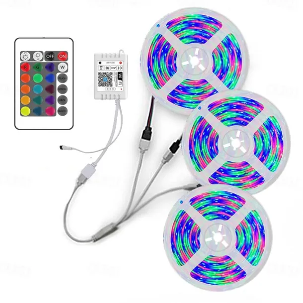 Smart RGB LED Strip Light App Control 15m 49ft 2835 SMD 810 LEDs IR 24 Key Controller Work with Alexa Google 12V 3A Adapter Kit