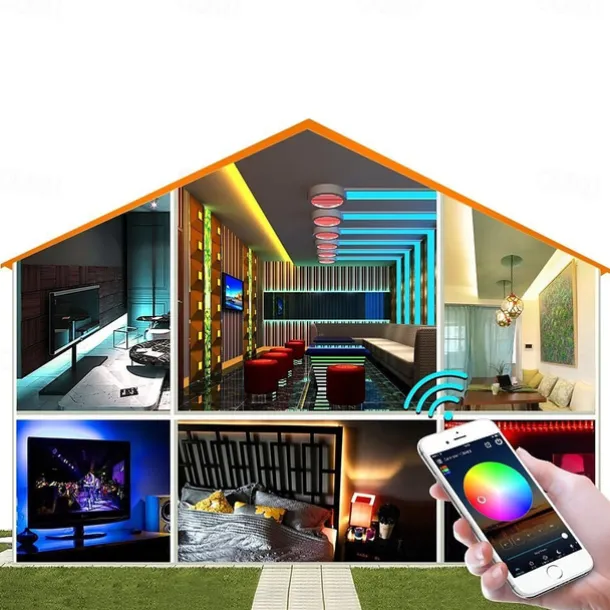 Smart SMD 5050 LED Strip Light WIFI App RGB Control Music Sync Work with Alexa Google 2x7.5M 50ft Colour Changing Home Kitchen TV Party with 24-Key Remote Sensitive Built-in Mic DC12V