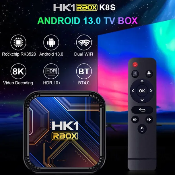 Smart TV Box HK1 RBOX K8S Android 13 8K Android TV Box RGB Light 4GB 64GB WiFi6 Dual Wifi 2023 PK Android 12 6K