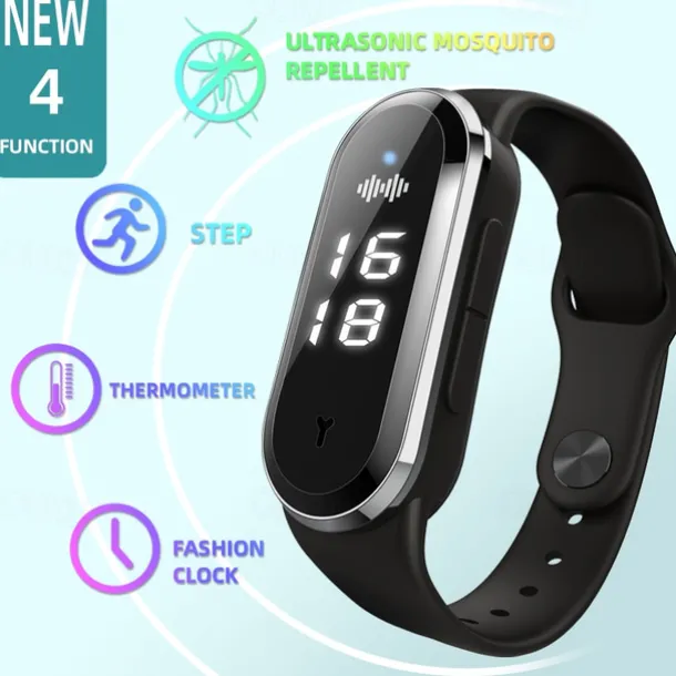 Smart Ultrasonic Mosquito Repellent Bracelet – Digital Watch with Pedometer, Body Temperature Display, USB Charging, Long-Term Wearable Protection