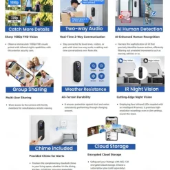 Smart Video Doorbell with Wireless Chime, Night Vision Camera, Two-Way Audio (T50 Beige (Including Dingdong, USB Cable))